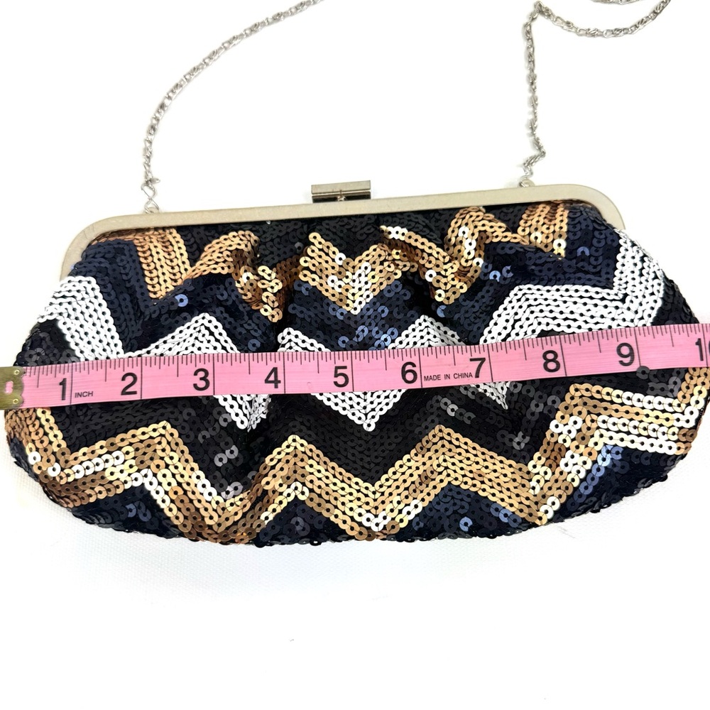 Lulu Townsend chevron sequined clutch w silver chain. Black white navy & bronze - Picture 7 of 11